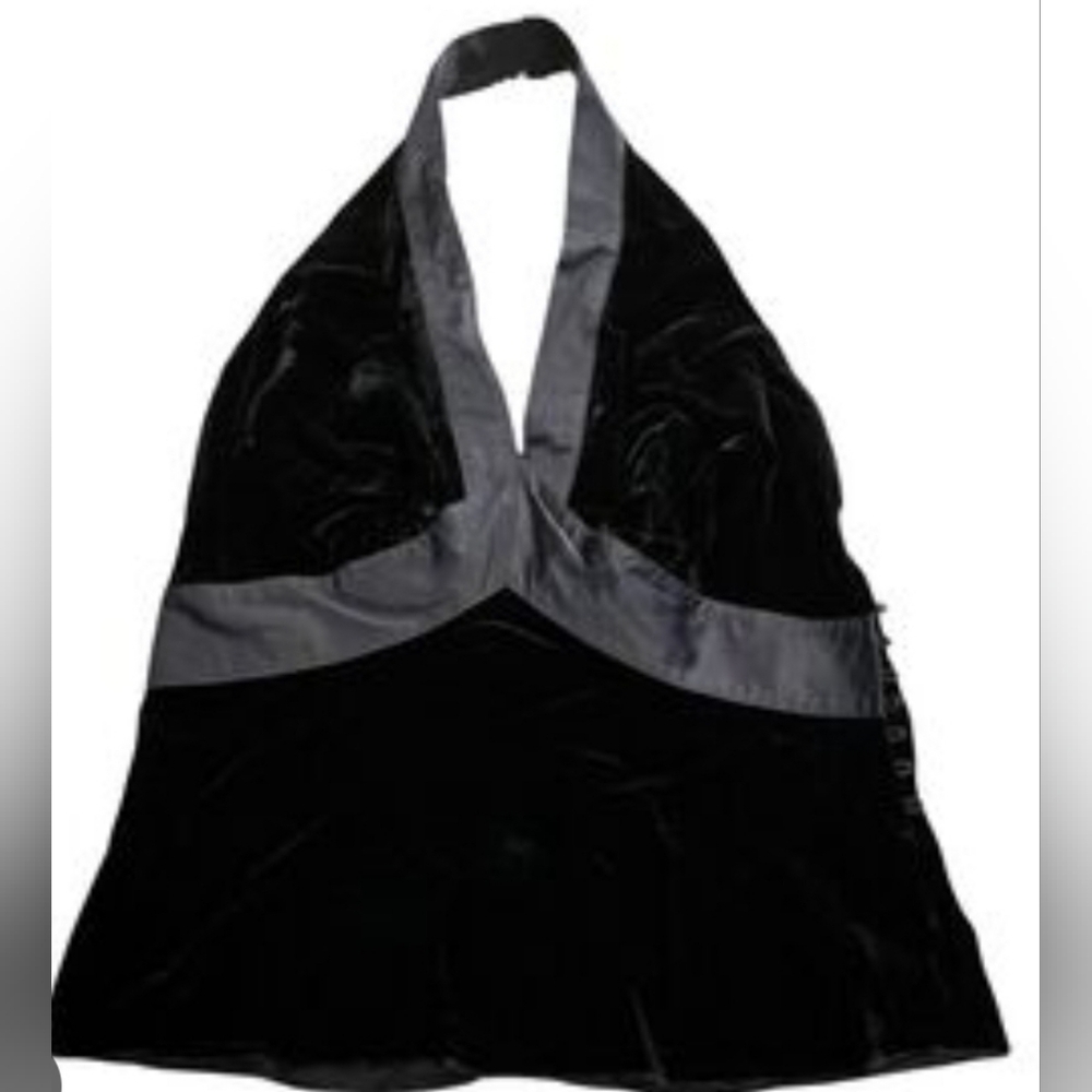 The Limited Black Velvet Halter blouse with a low neckline with Satin Accents